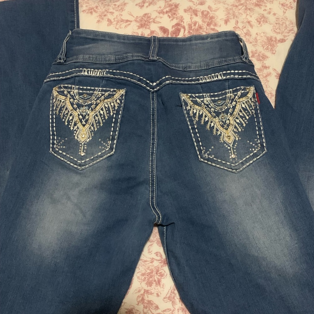 Chic Embroidered Dark Blue Flare Jeans
